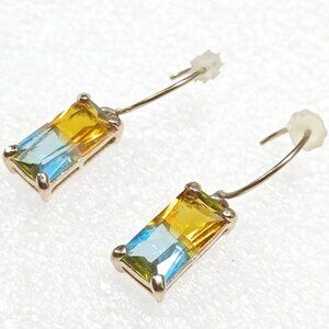 Monet Yellow & Blue Crystal Dangle Earrings 1” Long Gold Tone Retro Sparkle